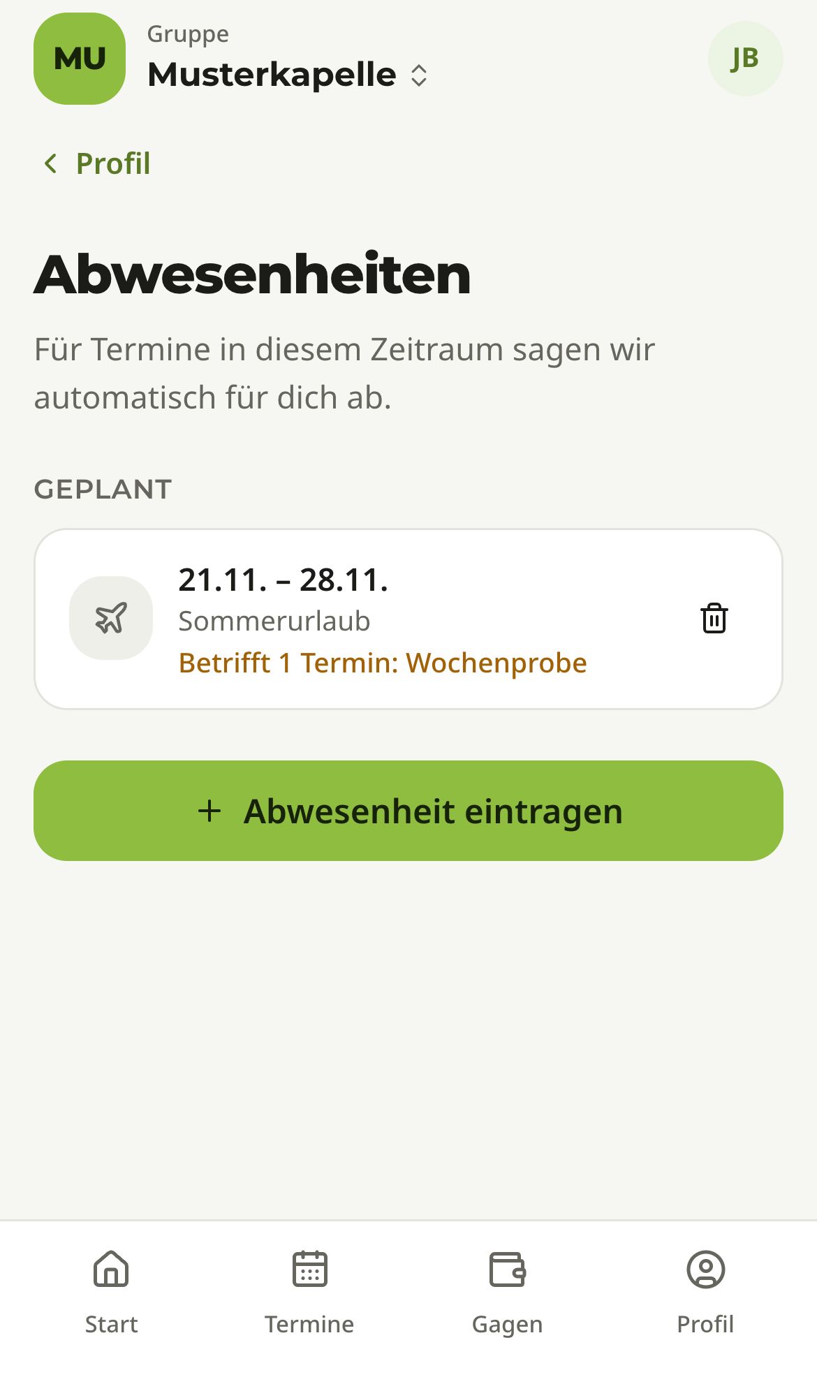 Seite „Abwesenheiten“ mit einer geplanten Abwesenheit, dem Hinweis „Betrifft 1 Termin: Wochenprobe“ und dem Knopf „Abwesenheit eintragen“