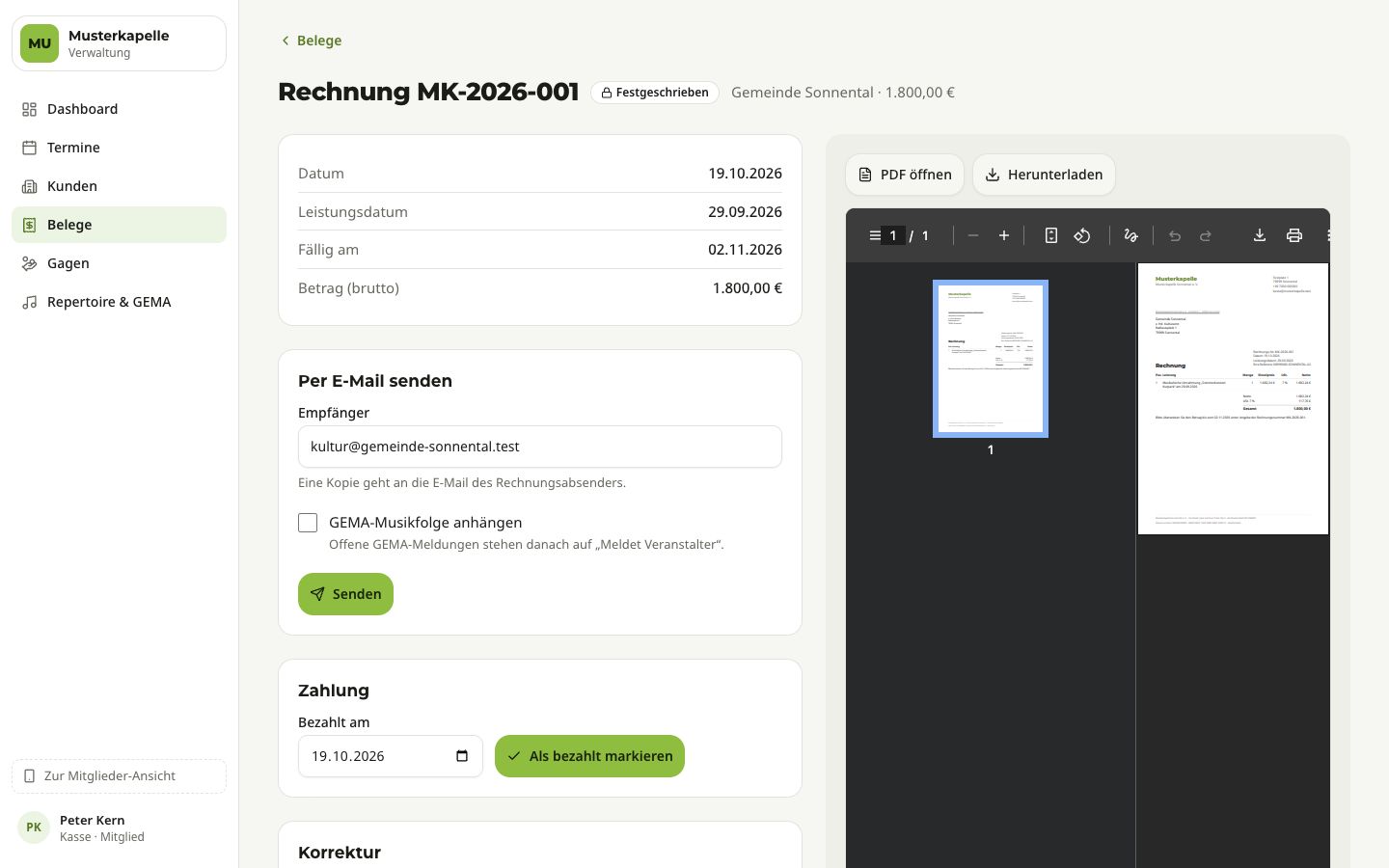 Festgeschriebene Rechnung mit Angaben, Versand, Zahlung und PDF