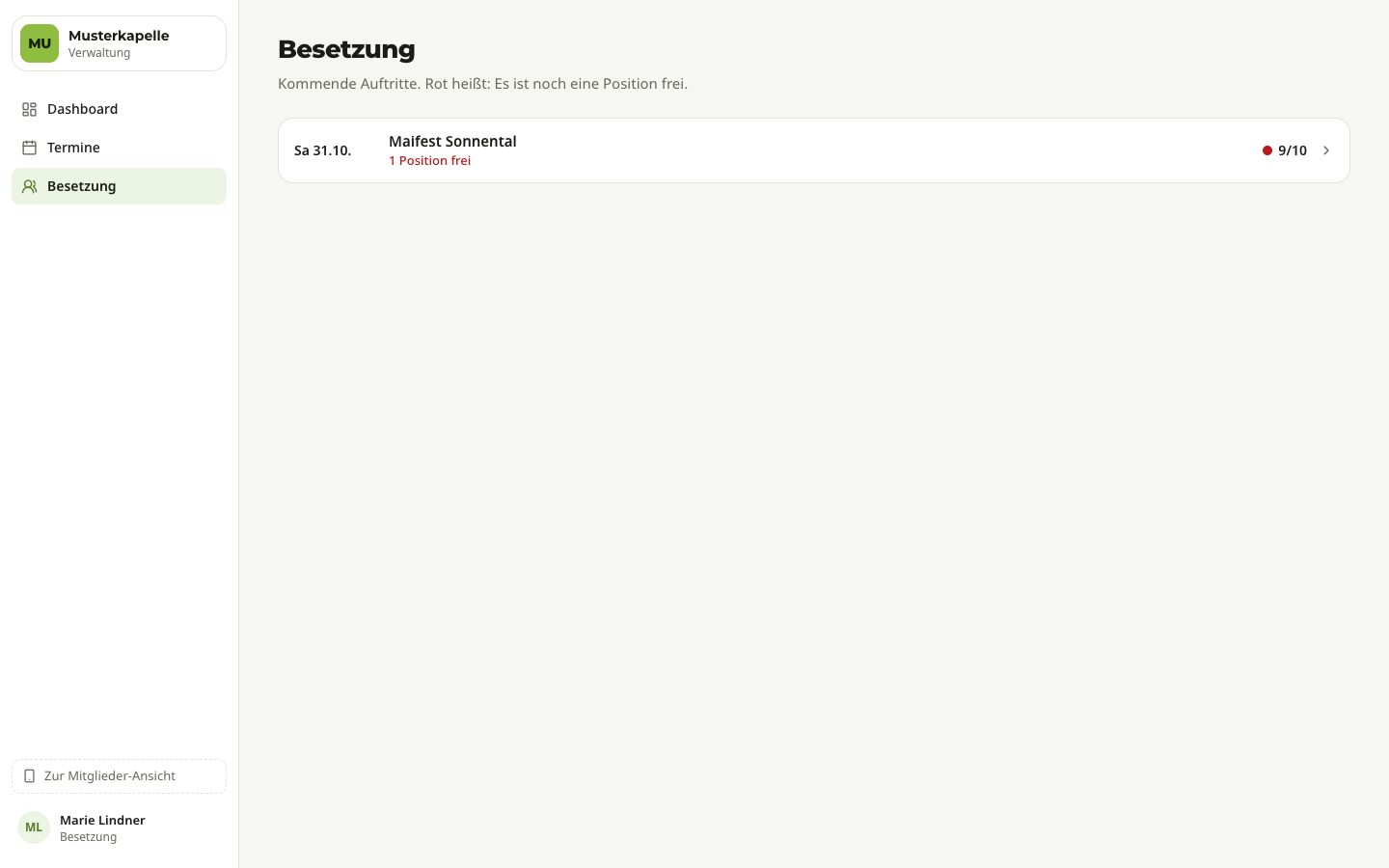 Besetzungsübersicht mit einem kommenden Auftritt, „1 Position frei“ und rotem Punkt bei 9/10