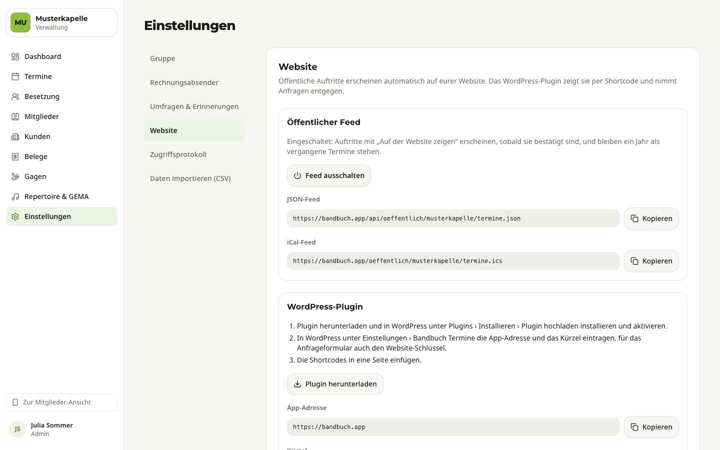 Einstellungen › Website mit Feed-Schalter, Feed-Adressen und WordPress-Plugin