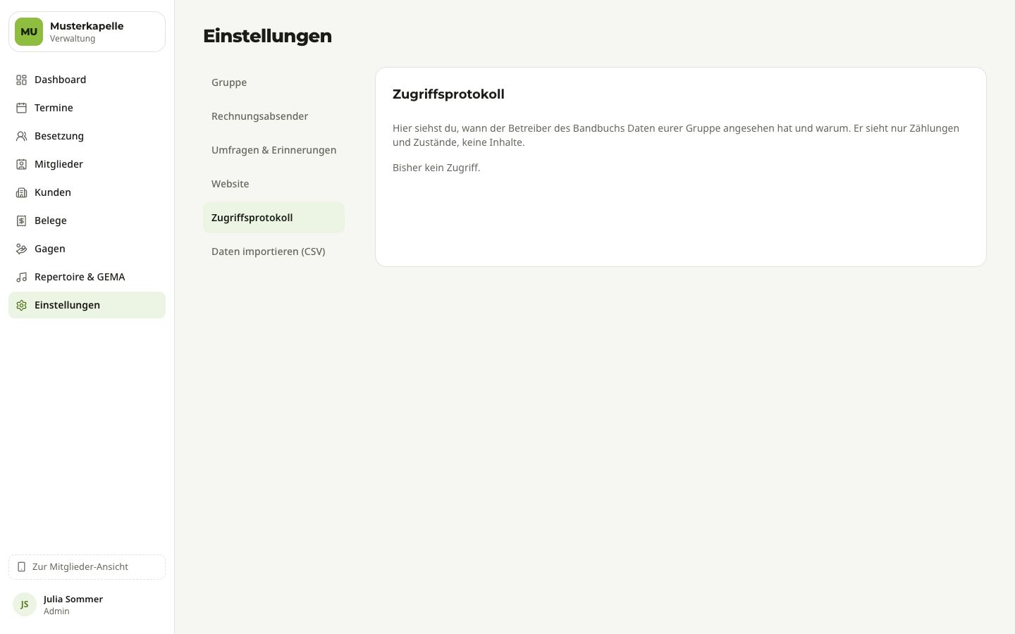 Einstellungen › Zugriffsprotokoll mit der Erklärung und dem Eintrag „Bisher kein Zugriff.“