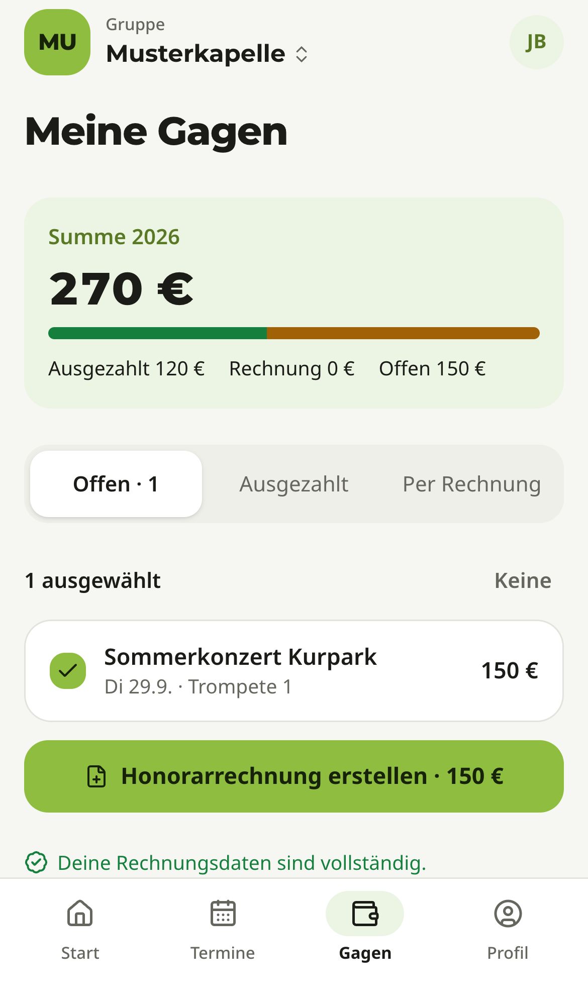 Meine Gagen auf dem Handy: Summe 2026 mit Balken, Reiter „Offen · 1“, eine ausgewählte Gage für das Sommerkonzert Kurpark und der Knopf „Honorarrechnung erstellen · 150 €“