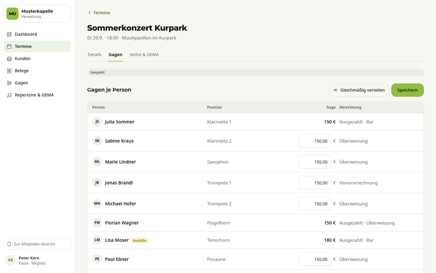 Reiter „Gagen“ des Sommerkonzerts Kurpark: Gagen je Person mit Eingabefeldern, „Gleichmäßig verteilen“ und „Speichern“, einige Gagen schon ausgezahlt