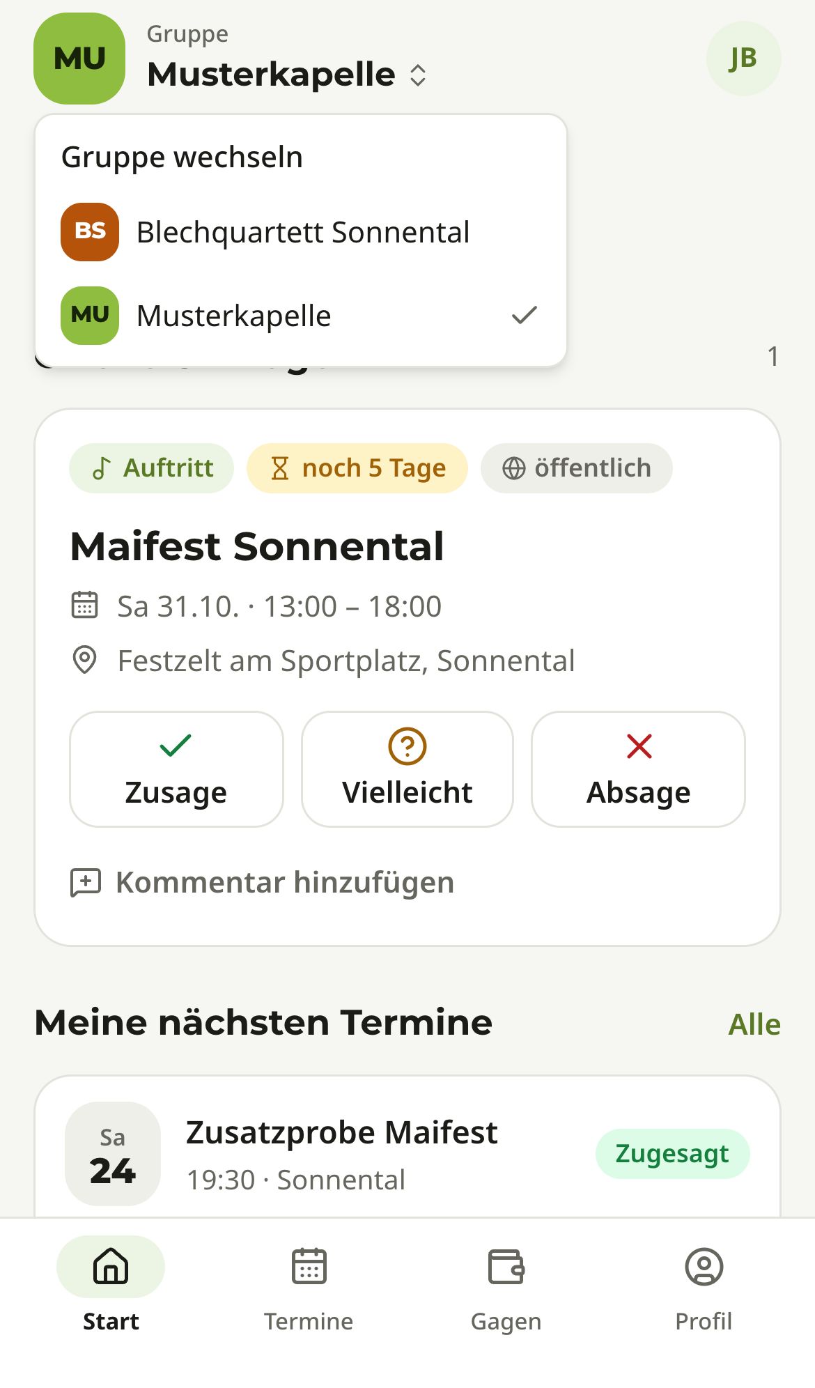 Das geöffnete Menü „Gruppe wechseln“ mit zwei Gruppen, die aktive ist mit einem Haken markiert