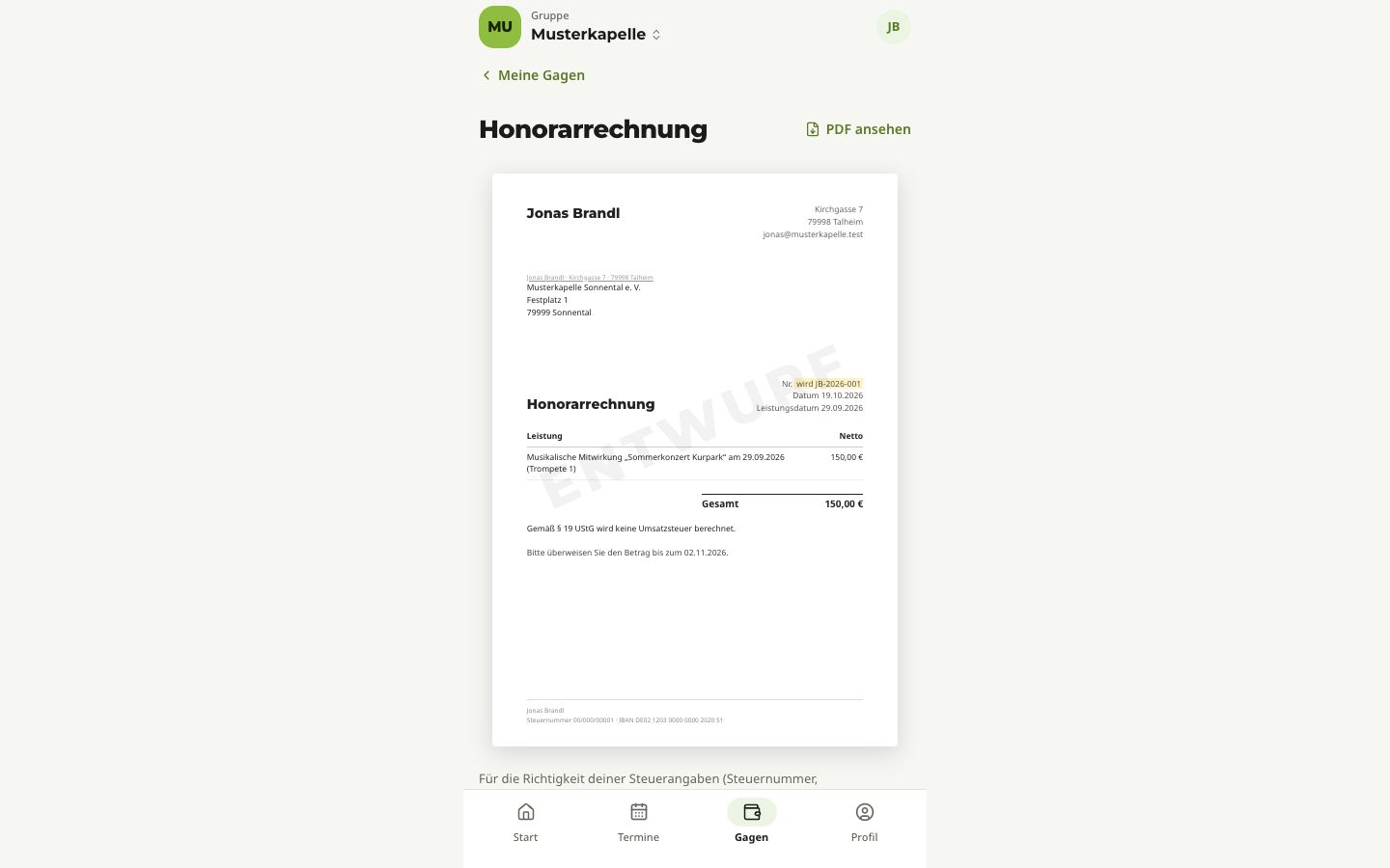 Vorschau der Honorarrechnung mit dem Schriftzug ENTWURF, der künftigen Nummer und dem Hinweis auf § 19 UStG