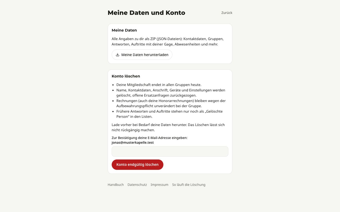 Die Seite „Meine Daten und Konto“ mit „Meine Daten herunterladen“ und dem Bereich „Konto löschen“