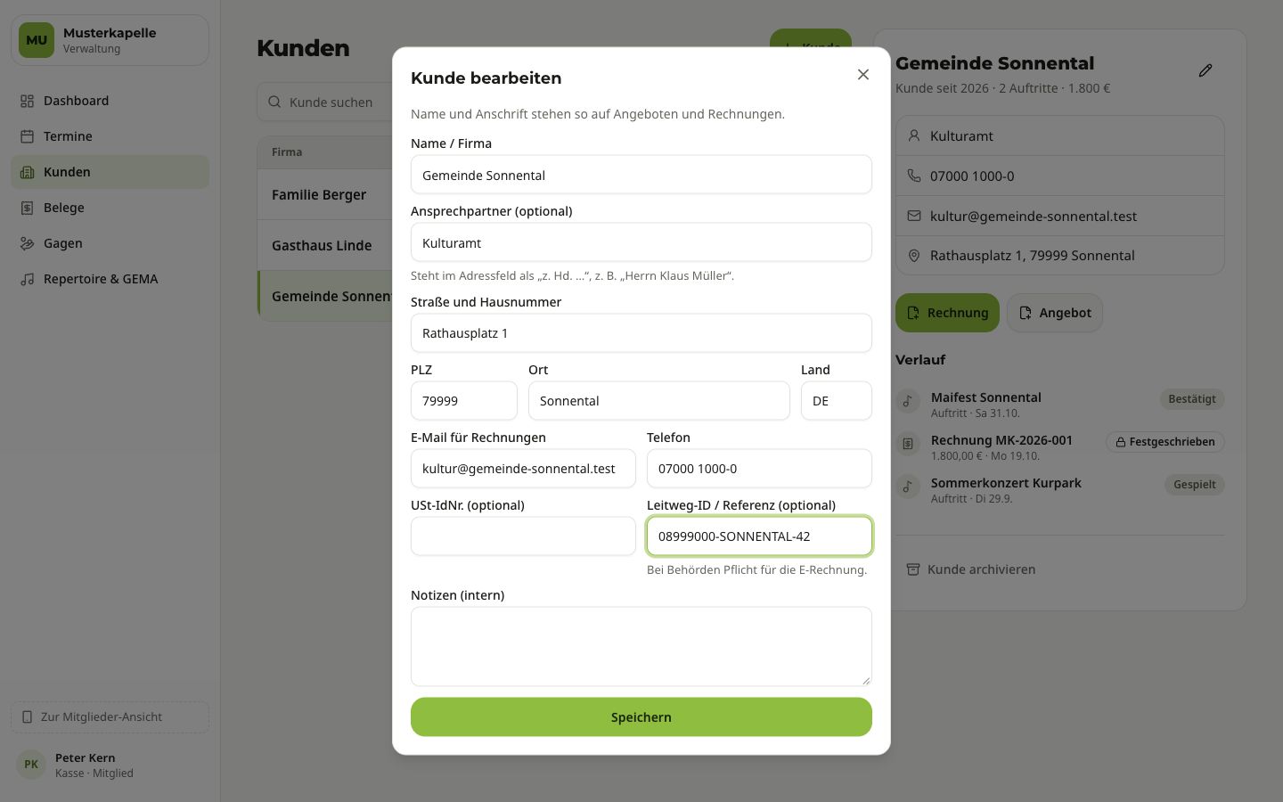 Dialog „Kunde bearbeiten“ mit Anschrift, E-Mail für Rechnungen und Leitweg-ID