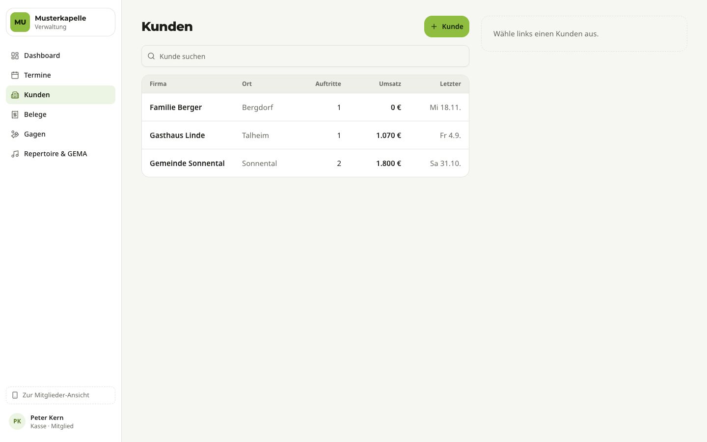 Kundenliste mit Firma, Ort, Auftritten, Umsatz und letztem Auftritt