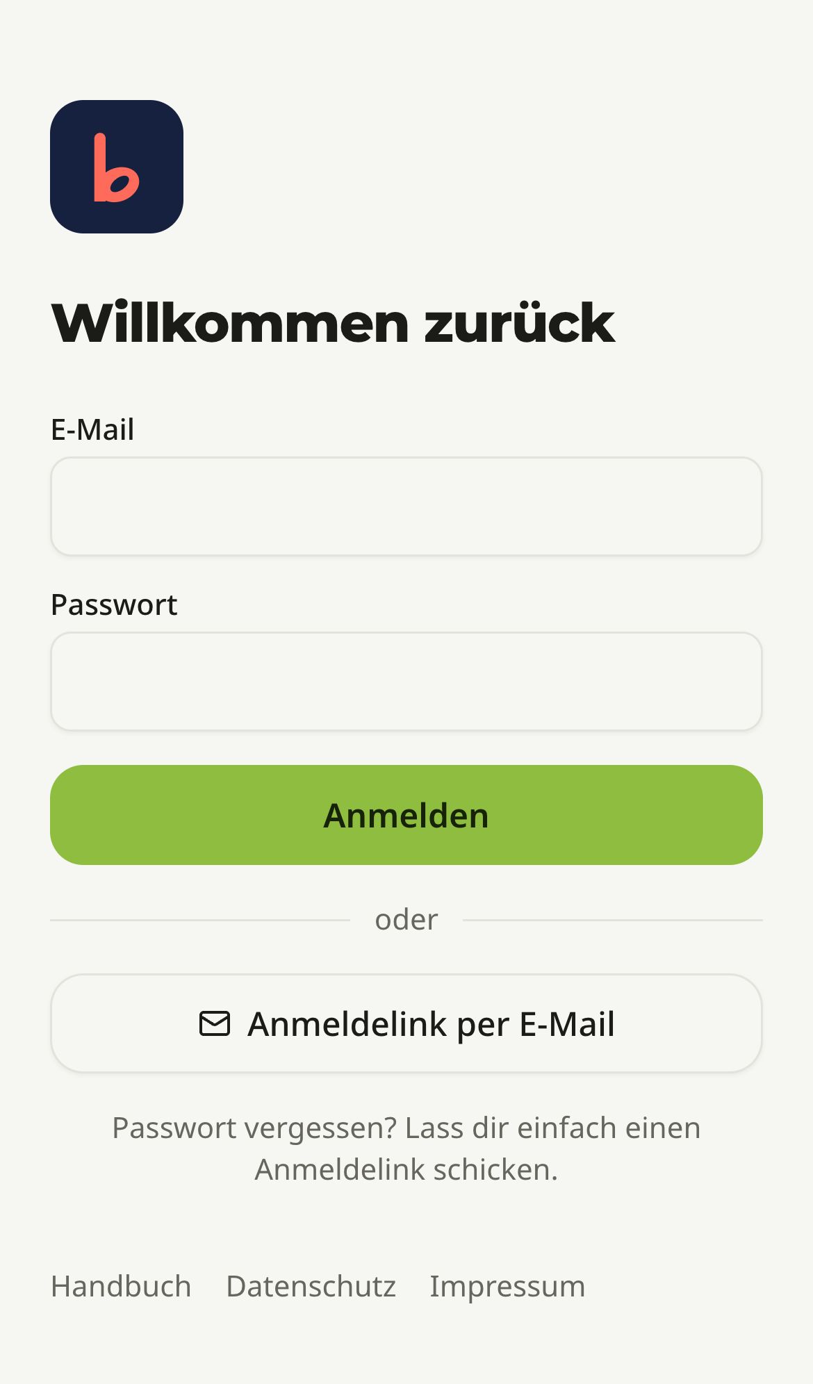 Die Anmeldeseite mit E-Mail, Passwort, „Anmelden“ und „Anmeldelink per E-Mail“