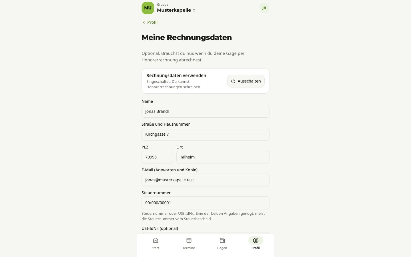 Meine Rechnungsdaten: Schalter „Rechnungsdaten verwenden“ eingeschaltet, darunter Name, Anschrift, E-Mail und Steuernummer