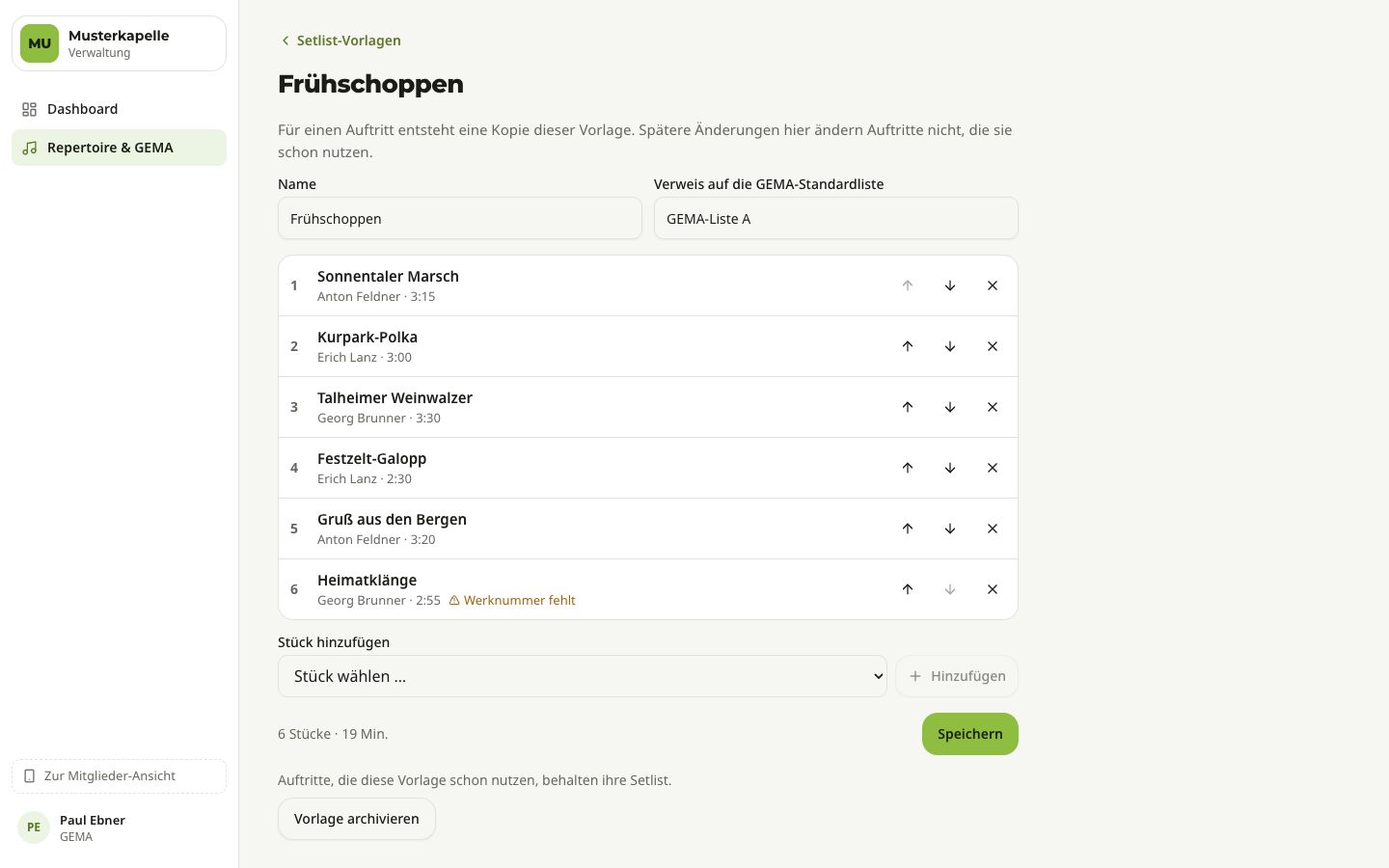 Setlist-Vorlage mit Stücken in Reihenfolge, Pfeilen und Werknummer-Hinweis
