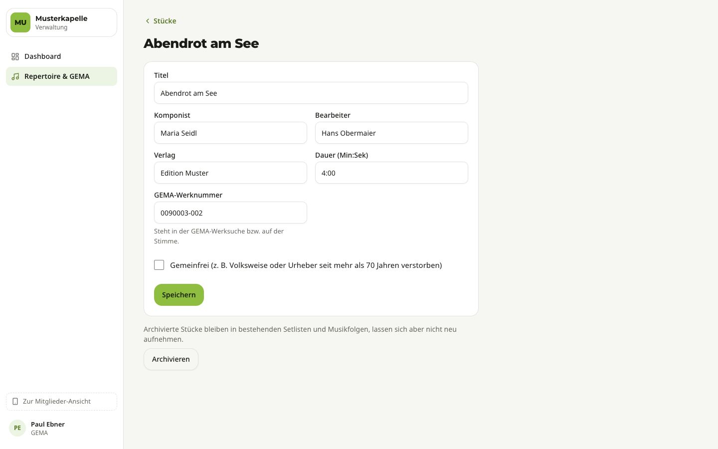Stück bearbeiten mit Komponist, Bearbeiter, Verlag, Dauer und GEMA-Werknummer
