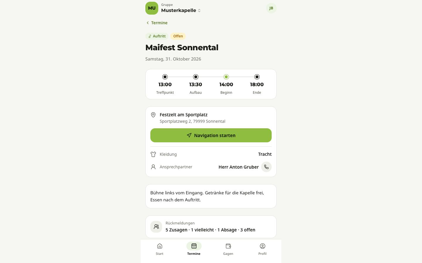 Termin-Details mit Zeitleiste, Ort, Knopf „Navigation starten“, Kleidung, Ansprechpartner und Rückmeldungen