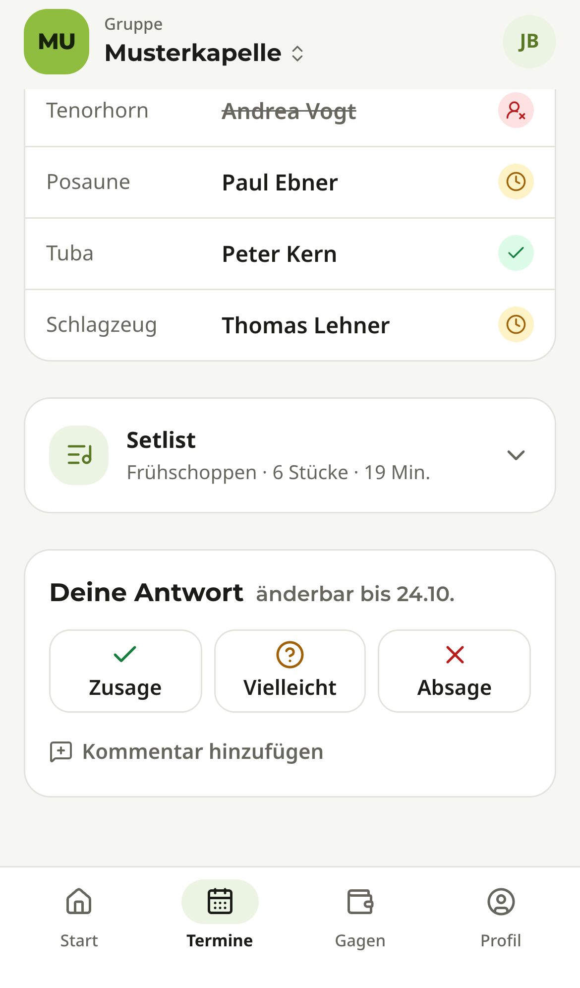 Bereich „Deine Antwort“ mit den Knöpfen „Zusage“, „Vielleicht“, „Absage“ und „Kommentar hinzufügen“, darüber Besetzung und Setlist