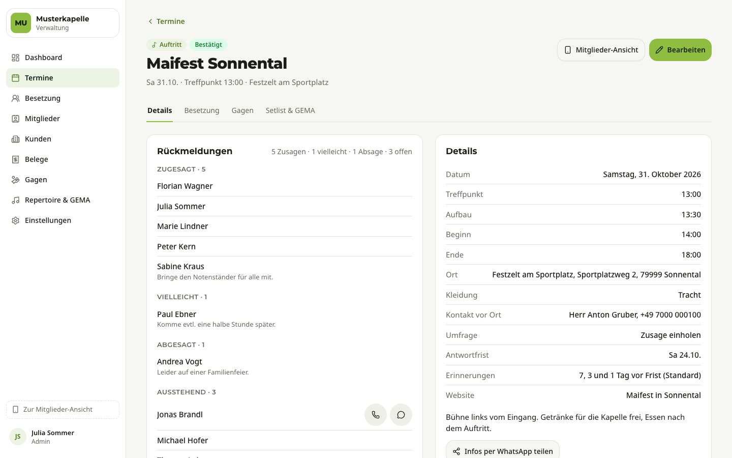 Verwaltungsansicht eines Auftritts mit Reitern, Rückmeldungen nach Zugesagt, Vielleicht, Abgesagt, Ausstehend und den Details