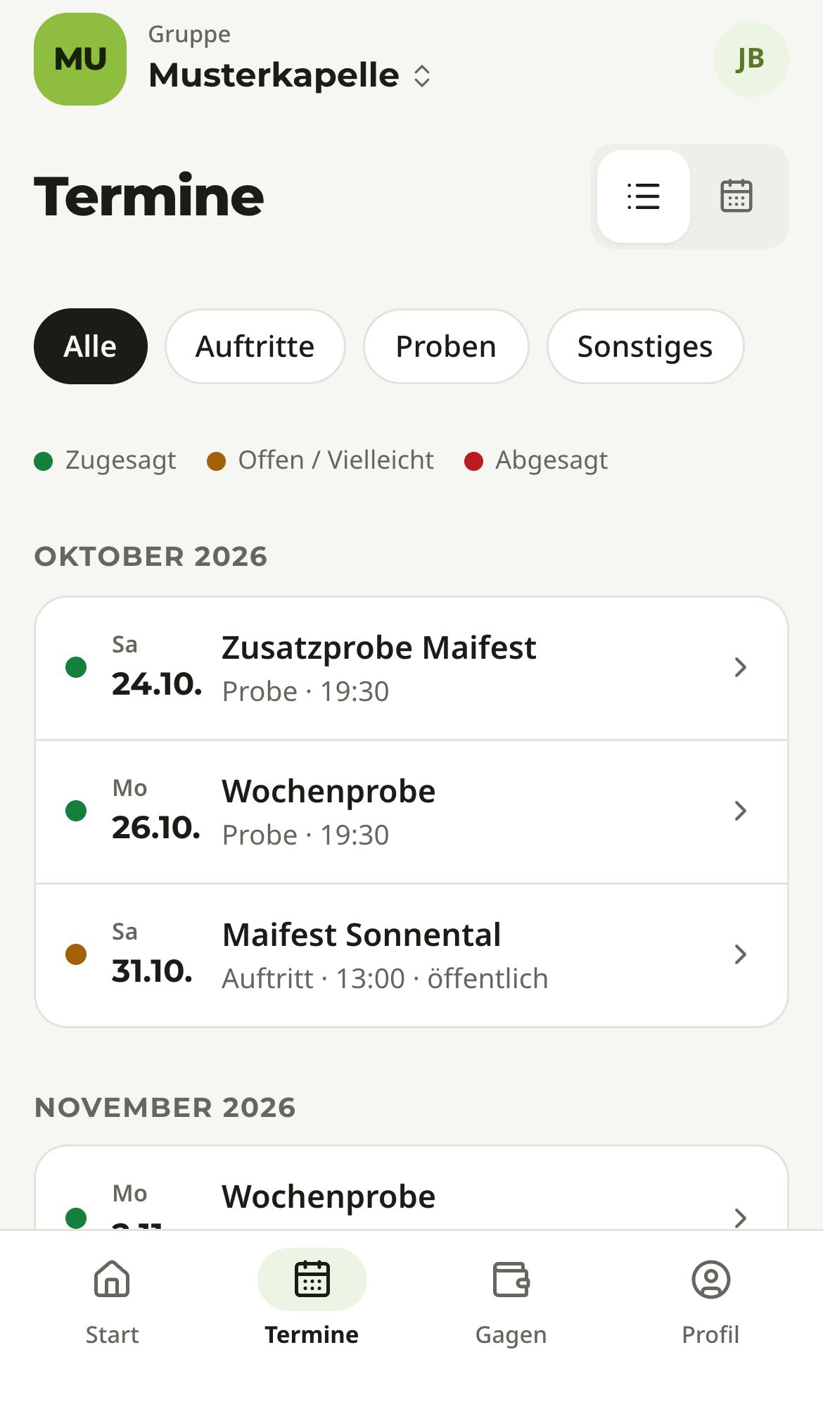 Terminliste auf dem Handy mit Filtern „Alle“, „Auftritte“, „Proben“, „Sonstiges“ und farbigen Punkten für den eigenen Stand
