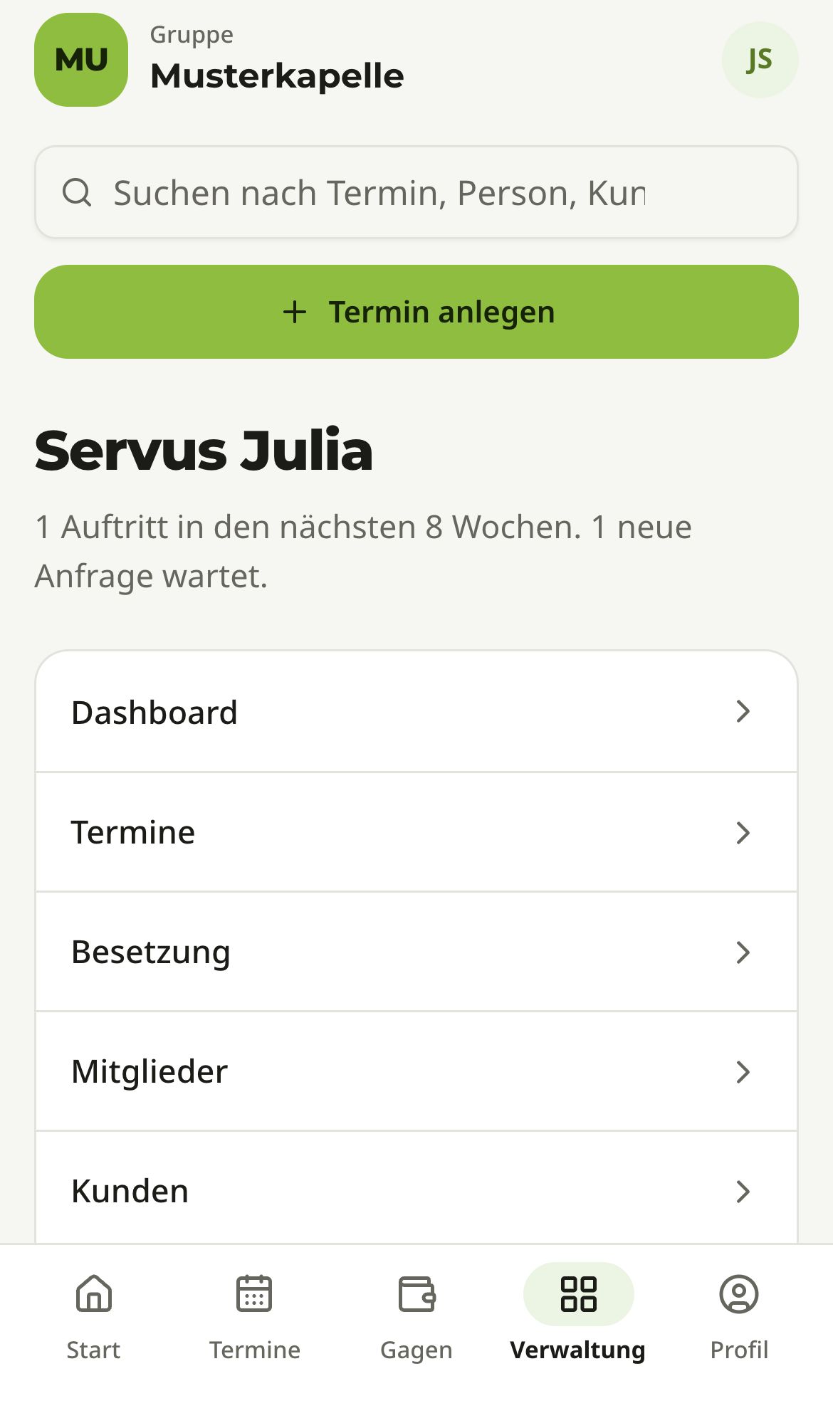 Verwaltung auf dem Handy: Suchfeld, Knopf „Termin anlegen“, Begrüßung und die Liste der Bereiche, unten die Leiste mit „Verwaltung“